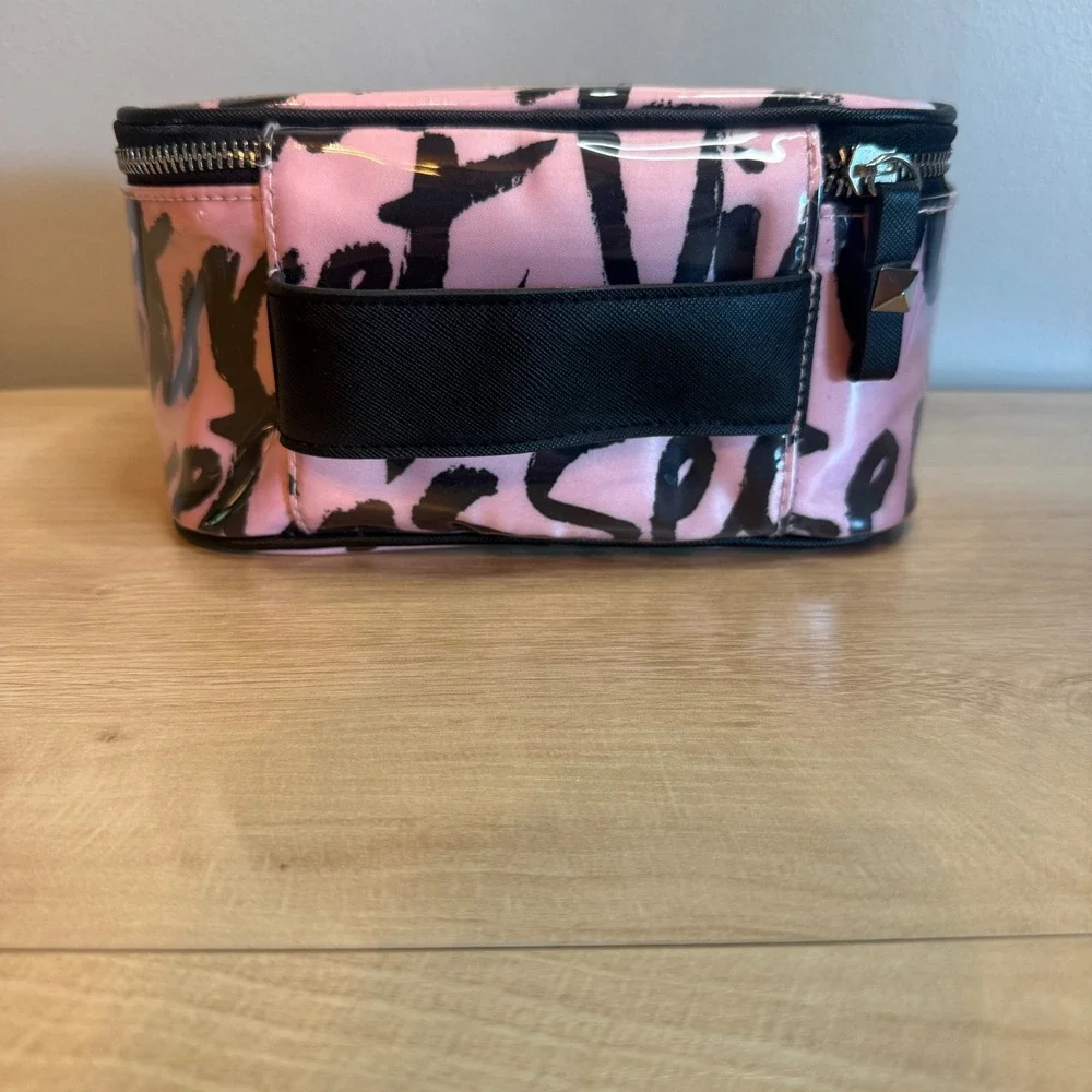 Victoria's Secret Pink Black Script Logo Makeup Bag Train Case Polka Dot Lining